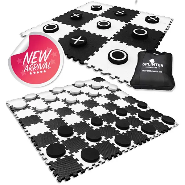 1개의 가역적인 자이언트 체커 앰프 Tic Tac Toe 게임 4ft x 4ft 100 고밀도 EVA 폼 매트 앰프 점보 체커보드와 야드 크기 Tic Tac 토스 세트가 장착된 추가 대형 체커 디스크, 상세페이지 참조