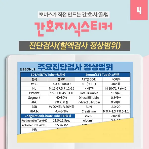 뽀너스 [간호사필수템] 간호지식스티커 진단검사정상범위