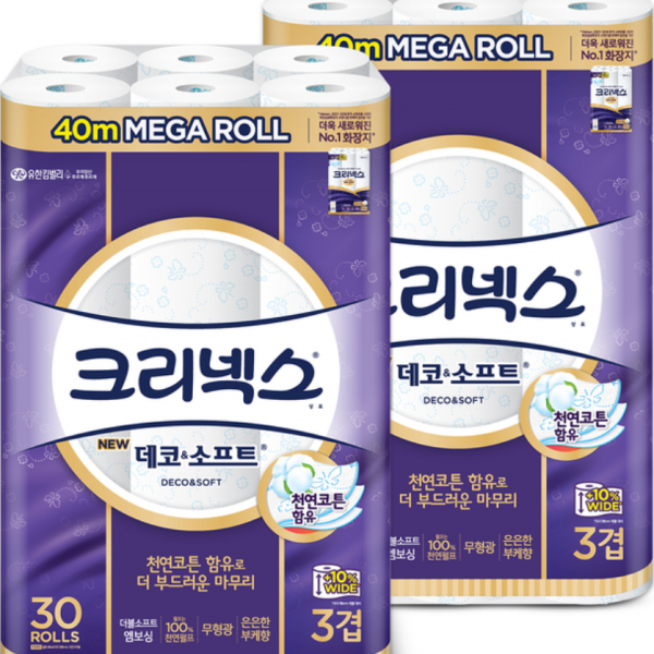 (코스트코) 크리넥스 데코 앤 소프트 3겹 40M X 30롤 천연펄프 롤화장지, 60롤
