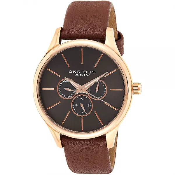 Akribos Xxiv 정품 가죽 시계에 다기능 크로노 그래프 남성 시계 3 서브 다이얼 합병증 Ak870