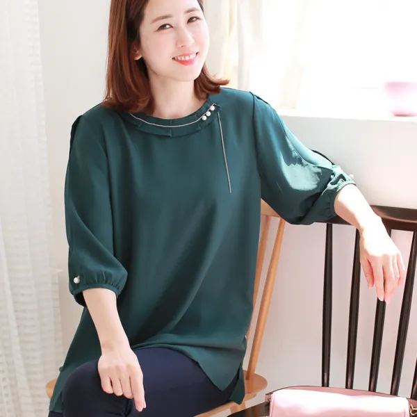 엄마옷 백합사 로맨틱 벌룬 진주 블라우스[BL370] 50대 쉬폰 블라우스 여성용 진주 마담 미시옷 땡땡이 빅사이즈 중년 빅사이즈