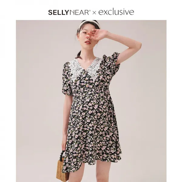 굿씽호텔 SELLYNEAR파렴치한 어머니 임부복 핑크 플라워 프린트 플라워레이스 패치워크 여름 점프슈트 여름옷