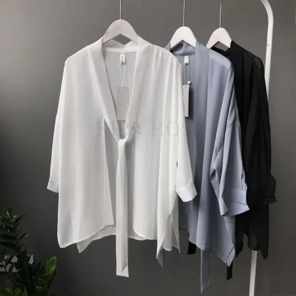 Kirahosi 해달 6 여자 여름 가디건 쉬폰 루즈핏 롱 셔츠 옆 트임 시스루 블라우스 16 Alx7nnh