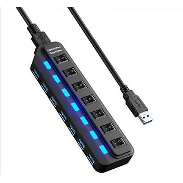 USB3.0 울트라 슬림 7 포트 허브 스위치 LED 조명 usb 콘센트 [5Gbps 고속 버스 파워 경량 컴팩트 휴대, 단일상품, 단일상품