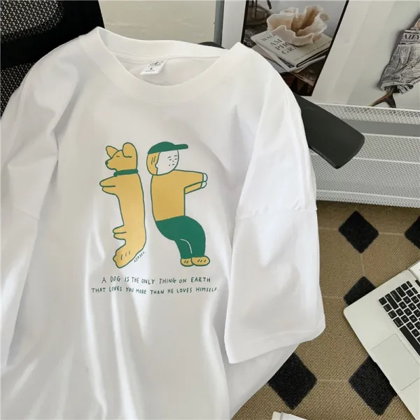 아메리칸 빈티지 캐릭터 순 티셔츠 여 인스 패션 오버핏 반소매돕다