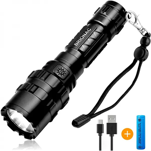 Brionac 재충전형 LED 플래시라이트 방수형 플래시라이트 고루멘 초광택 포켓 5모드 캠핑 자전거 보행 아웃도어 또는 선물 선물 충전형 플래시라이트, 상세페이지 참조