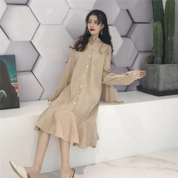 가심비 여성 프릴 스커트 싱글 브레스트 코듀로이 니트 모직 미디 원피스 Ga008n110324