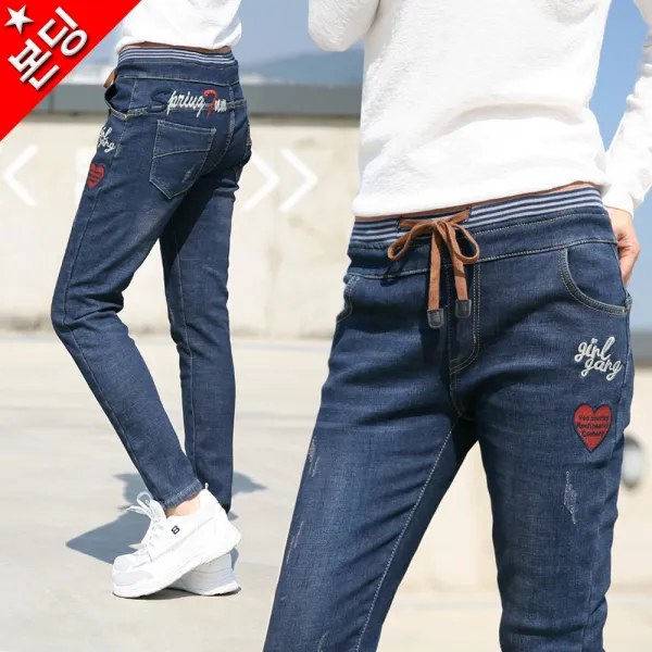 동대문스타일 여자기모청바지 S~XL 컬러밴딩 빈티지 슬림일자 본딩 기모바지 오비하트