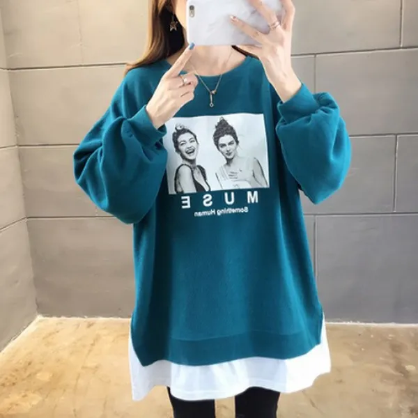 style시대 A1879 여성 춘추 하프롱 루즈핏 맨투맨 페이크 레이어드 티 면 티셔츠 빅사이즈 100KG까지 후드티