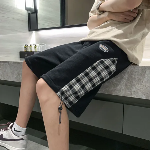 Dfmei 얇은 여름 남성 5부 바지 체크 공항을 연결하다 바람에 숏 팬츠 루즈 핏 캐주얼 트레이닝 팬츠 스트레이트 붐 비치