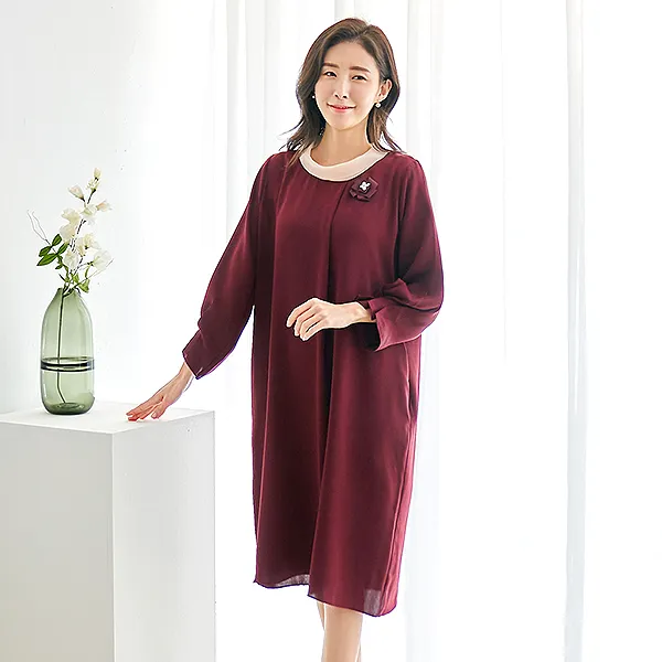 드리다 드리다 엄마옷 가을 40-50대 중년여성 브로치세트 상견례 고급 모던 쉬폰 롱 빅사이즈 원피스 마담의류