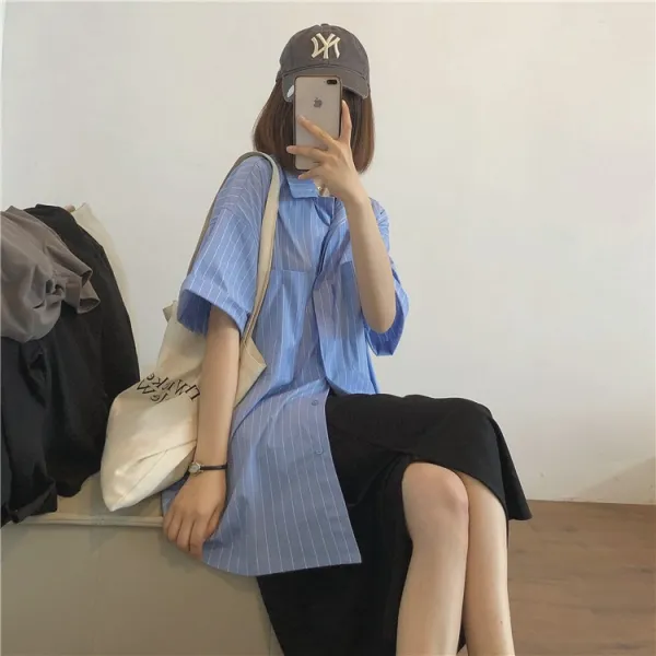 MUZI 여름 모던 아니 폐점함 보이핏 볼륨 슬림핏 세로 골지 오버핏 미디 롱 반팔셔츠 여성 가디건