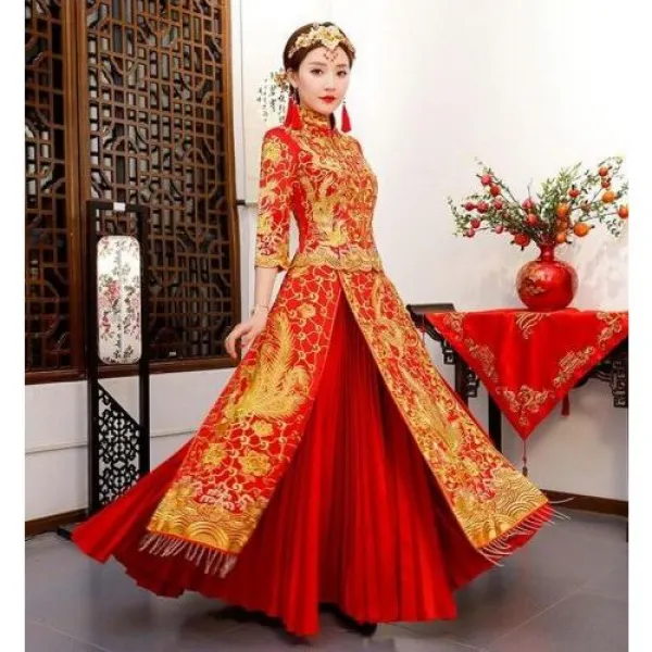  해외 어 번체 가운 신부 웨딩 Cheongsam 여성 피닉스 자수 복장 현 Qipao 레드 오리엔탈 드레스