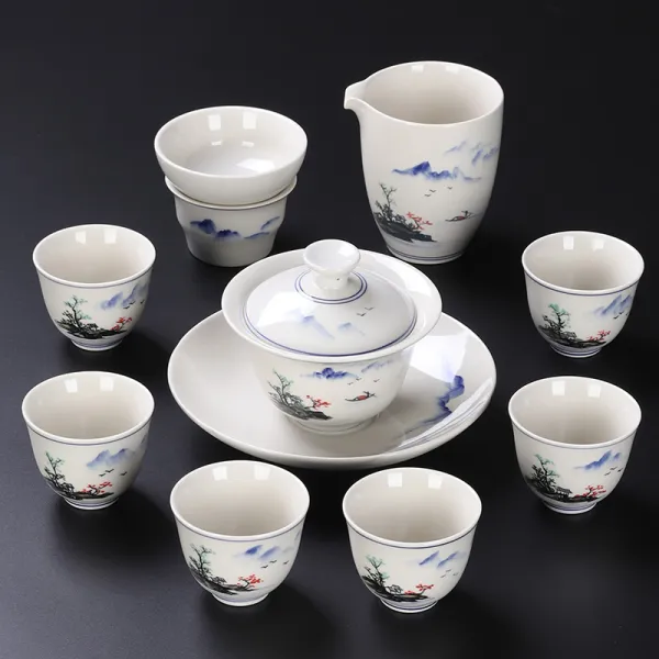 문스토어 Moon스토어 도자기다기세트 농구 복권 페인팅 국유 회차 심플 궁푸차 풀 티 뚜껑공기 다관 10 헤드 페인팅 산수풍경 초목회 뚜