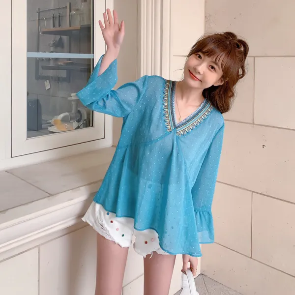 크랙 여름 신 로맨틱 이국풍 자수 v넥 레이어드 프릴 도트 꽃 스크랩 눈꽃방적 여