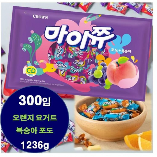 크라운 마이쥬 대용량 혼합 젤리 오렌지요거트/복숭아/ 포도 마이쭈 (대략300개) 1236g, 1236g