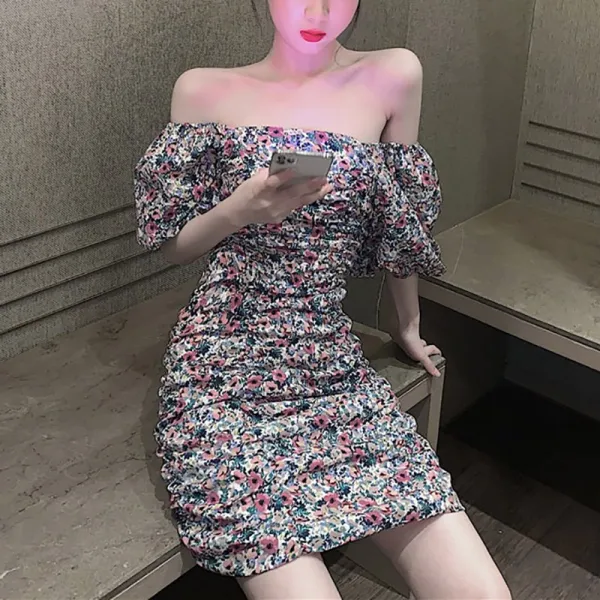 NEWTIME 미니원피스 퍼프 소매 끝자락 원피스 여성 날씬해 보이고 힙 스커트 여름 우아함 기질 스커트 QH04 A25