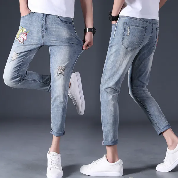 유행 Ins 차이나 남자 스키니 드랜드 띠 말 자수 대미지 여름 얇은 9부팬츠