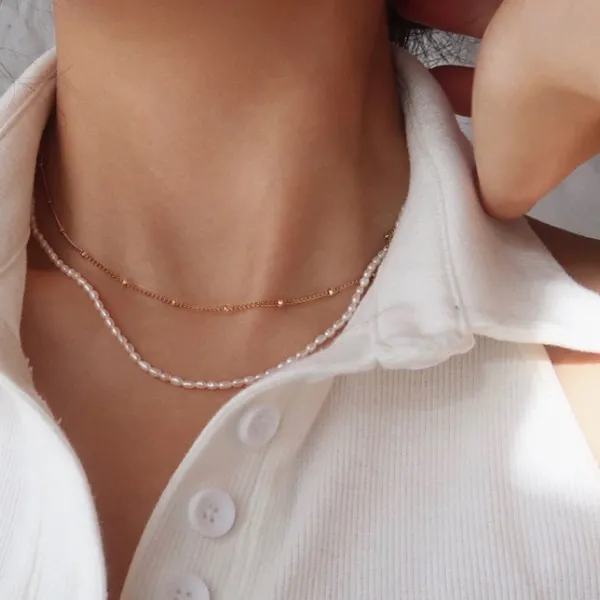 에테 담수진주 레이어드 두 줄 목걸이 골드 체인목걸이 데일리 포인트 목걸이