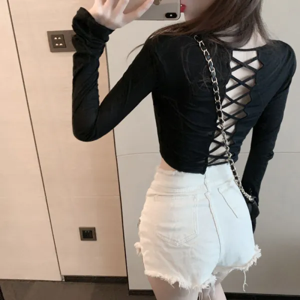 천사몰 긴소매 여름옷 인싸템 교차 갈피를 잡지 못함 등트임 롱슬리브티 여성 슬림핏 숏 트렌드