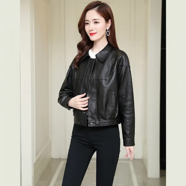 EYES FASHION 진짜 가죽 여성용 가죽옷 짧은 옷차림 수입하다 면양가죽 외투 봄가을 새로운 스타일 슬림핏 재킷 캐주얼 얇은 모양 기관차복 스탠드 칼라 상의