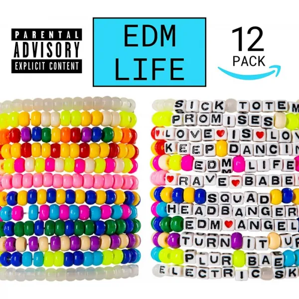 kandi bar EDM 라이프 레이브 팔찌 (12 팩) | 음악제 의상 용 수제 PLUR 액세서리 | 여성 남성 NB를위