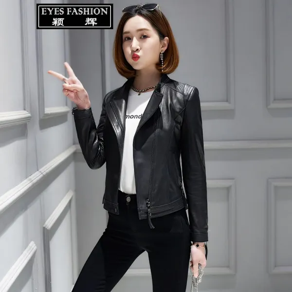 EYES FASHION 진짜 가죽 여성용 가죽옷 짧은 옷차림 수입하다 면양가죽 외투 봄가을 새로운 스타일 슬림핏 재킷 캐주얼 얇은 모양 기관차복 스탠드 칼라 상의 양복 칼라