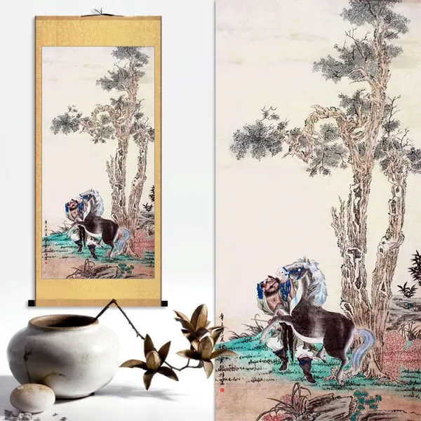 인테리어그림 귀마개 벽 팔준도 거실인테리어 준마도 즉시 봉하여 기다리다 실크 두루마리 국화 띠 2532200625, 90*200 CM, 다크그레이 다크그레이 05 말을 길들 골드 베이스