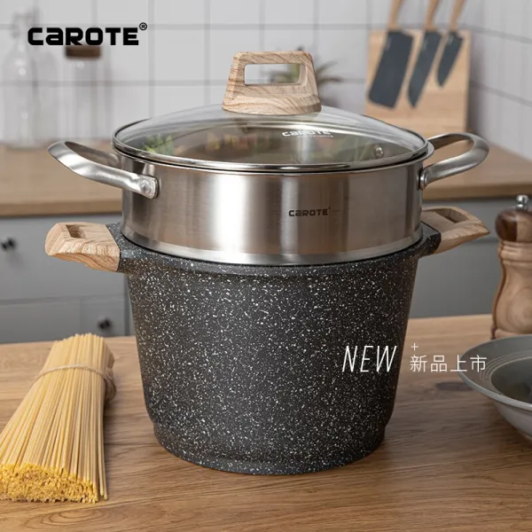 Carote 신제품 찜솥 맥밥석에 점진냄비 고탕솥에 304 스테인리스 찜통 세트 24cm 맥밥석 고국솥 + 단층 스테인리스 찜통(4-8명 적용), 상세페이지 참조