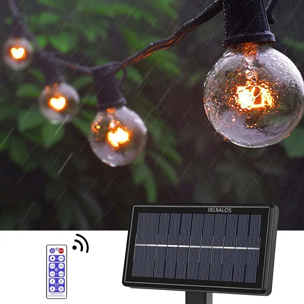 Delralos 야외 파티 줄조명 태양광 방수 캠핑 LED 10m 리모콘 줄조명 + 30P 3W 따뜻한 화이트 벌브 3W 카페 정원 뒤뜰, 10m+30p+리모콘
