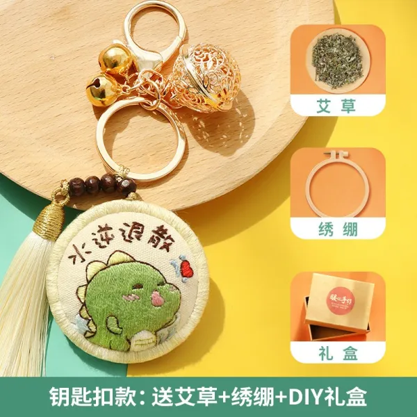 안녕마켓 남친선물가방 핸드메이드 자수 DIY 재료 깨어나다 사자 열쇠고리 평안 부 향낭 커플 장신구 남자 친구, 원형 물이 역류함 물러나다 흩어지다