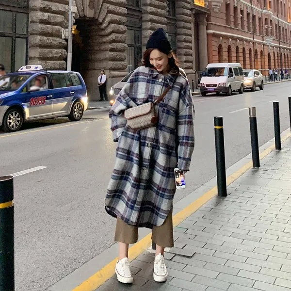 체크코트옷 셔츠 양식 모직물감 겨울 가을 와이드 루즈핏 오버핏 하프기장 아웃라인 여성