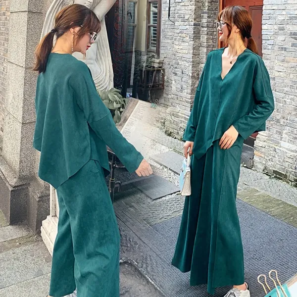 Okseller1 미시룩 브이넥 루즈핏 스웨이드티x와이드팬츠 세트