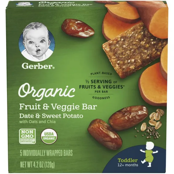Gerber Organic Fruit&Veggie Bar Date&Sweet Potato 아기 간식 거버 오가닉 프루트&베지 바 데이트&스위트 포테이토 4.2oz(120g) 2팩, 데이트&스윗포테이토