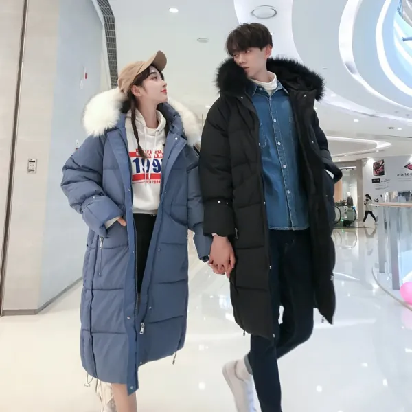 커플패딩 동색 다운패딩 일남일녀 더두터워진상품 bf털카라 솜옷 무릎아래까지의긴스타일 겨울옷 트렌디, C03-블루