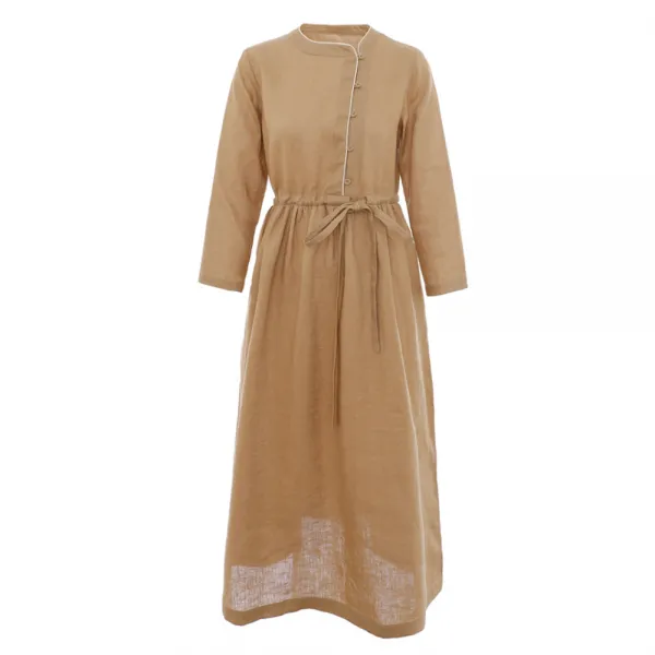 초봄 신상 긴팔 빈티지 리넨 원피스 소박하다 칼라 하이웨이스트 스트랩 미디엄 A라인 스커트