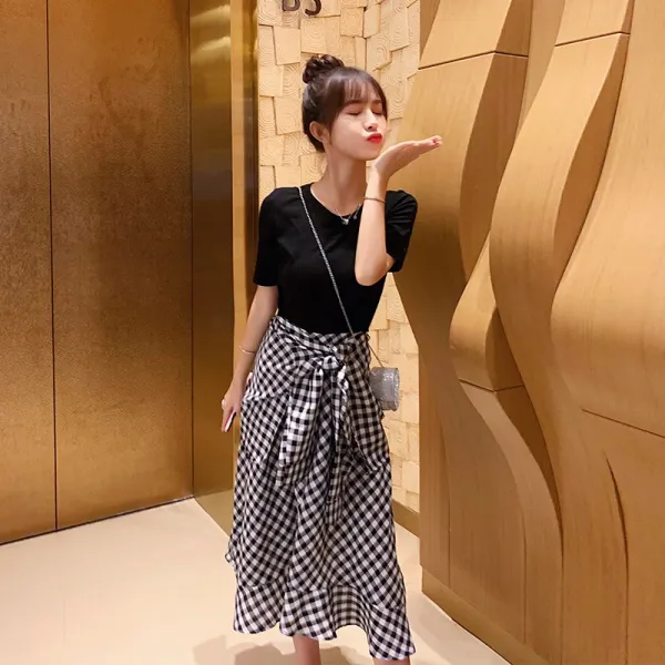 에이프릴래빗 레이어드 느낌체크클래식원피스여성밸런스하이웨이스트슬림 티셔츠원피스g557