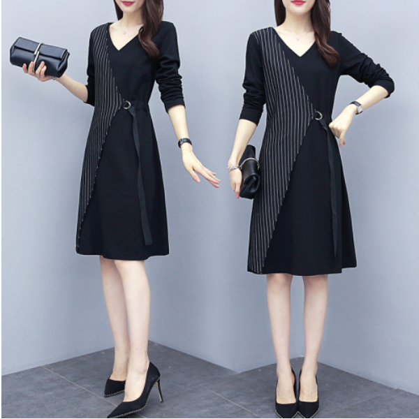 줄리엣이뽀 여성 빅사이즈 슬림핏 V넥 스트라이프 원피스 K0058 미디