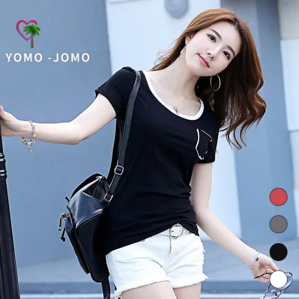 요모조모 여성 면 라운드넥 컬러드 포켓 반팔 티셔츠 YJS380