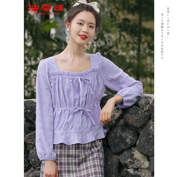 가을 시즌 빈티지 측목이버섯 가장자리 스트링 숏긴소매 블라우스 부드러운 여자 인정미 상의녀