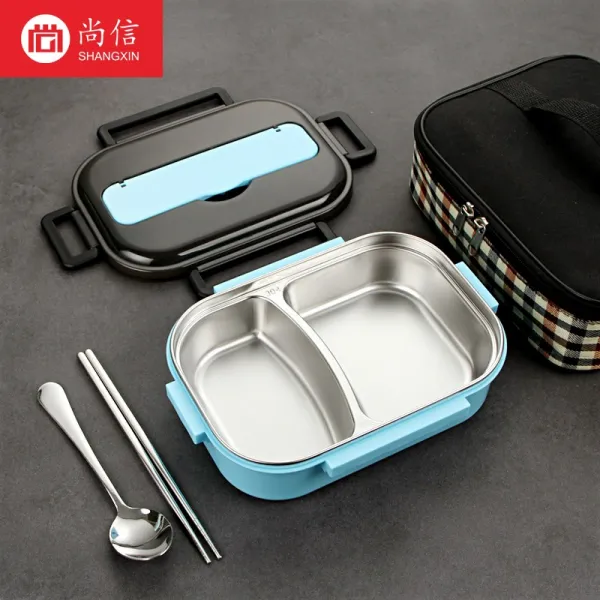 304 스테인레스 스틸 도시락 샐러리맨 보온 학생식당 별칸 심플 1인 겹체크 디프블루 1000ml있음 자루