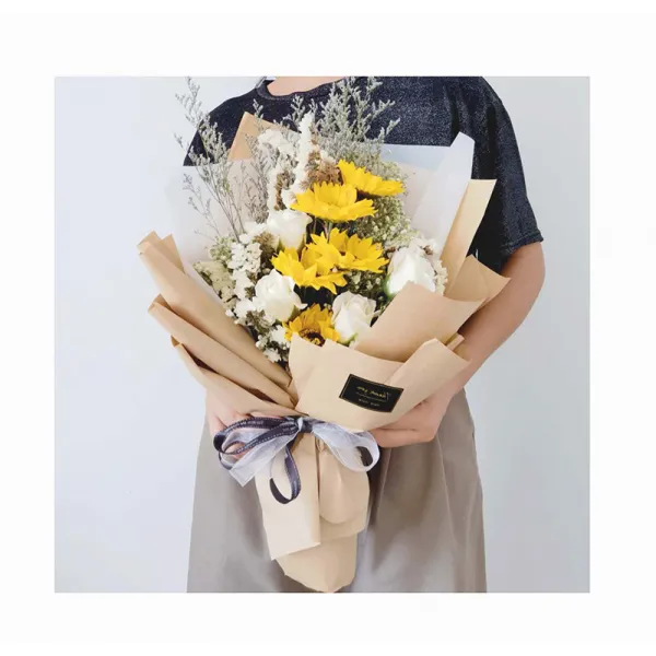 비누꽃 해바라기 별가득한하늘 드라이플라워 꽃다발 동창생선물 단짝친구 여자친구 생일 졸업 성탄, T10-5개 해바라기 4개 화이트장미 직사각형 40넓이