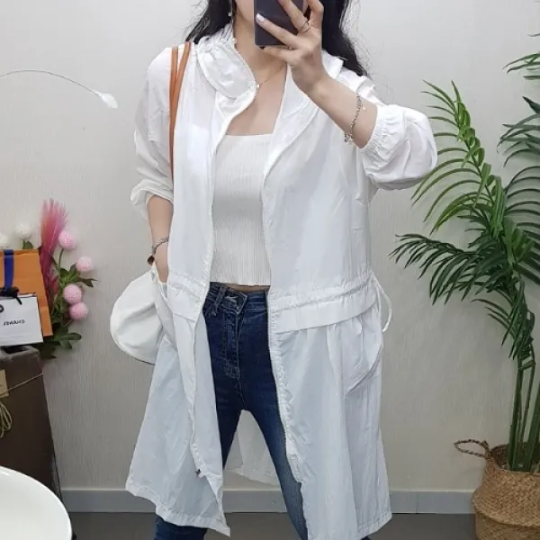제이후 봄 여름 루즈핏 허리 스트링 얇은 후드 롱 바람막이 점퍼 (화이트 소라)
