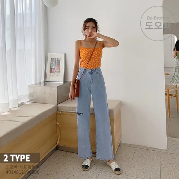 도오빠 여성 청바지 순면 찢청 연청 와이드 스트레이트 일자핏 패션 캐주얼 데일리룩 데이트룩 봄 여름 가을 여자청바지