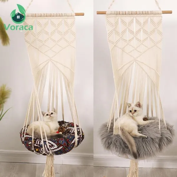 마크라메 고양이 스윙 침대 케이지 Boho 스타일 수제 수면 의자 좌석 CatsToy 코튼 로프 Macrame 술 집 애, 한개옵션0