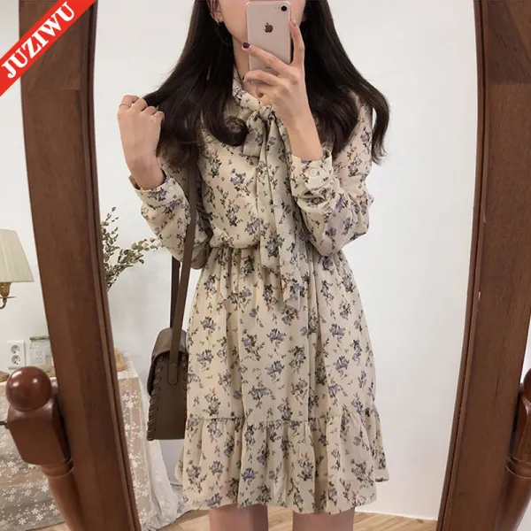 시폰 플라워 원피스 1112호 미니멀 플라워 시폰 롱 슬리브 원피스 여성복학생 A라인 스커트QX21331813