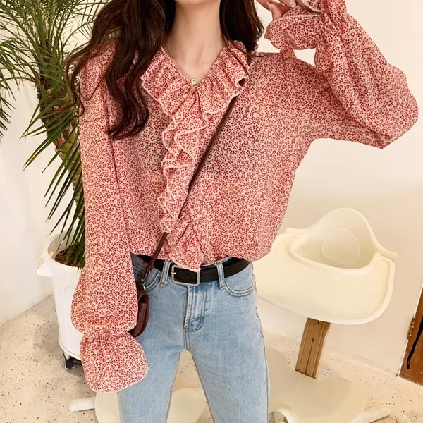 드레스날다 멜로드라마 잔꽃 쉬폰 프릴 시스루 블라우스 Mbl1168 