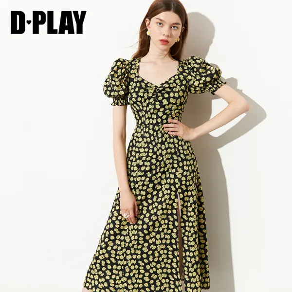 dplay de 파라 여름 신록 그린 칸 무늬 버블 소매 트렌디하게 허리를 잡아주는 상큼 소녀 트임 원피스