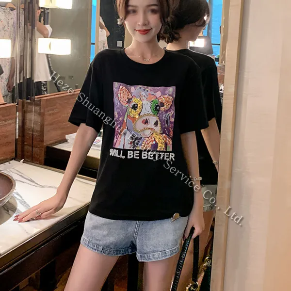 Heze Shuanghui 여자 여름 패션 스팽글 반팔 티 길거리 패션 루즈핏 컴포트 반팔 티셔츠