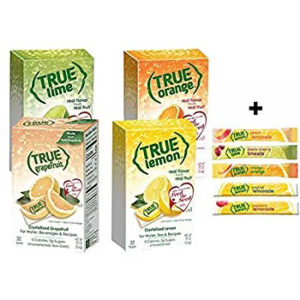 True 레몬 라임 오렌지 And 그레이프프루트 32ct 4bx 32ct 에이치 플러스 프리 샘플 팩스 Of True 레몬 오리지널 레모네이드 망고 오렌지 피치 레모네이드 블랙 체리 리미드 앤드 라즈베리 레모네이드 1